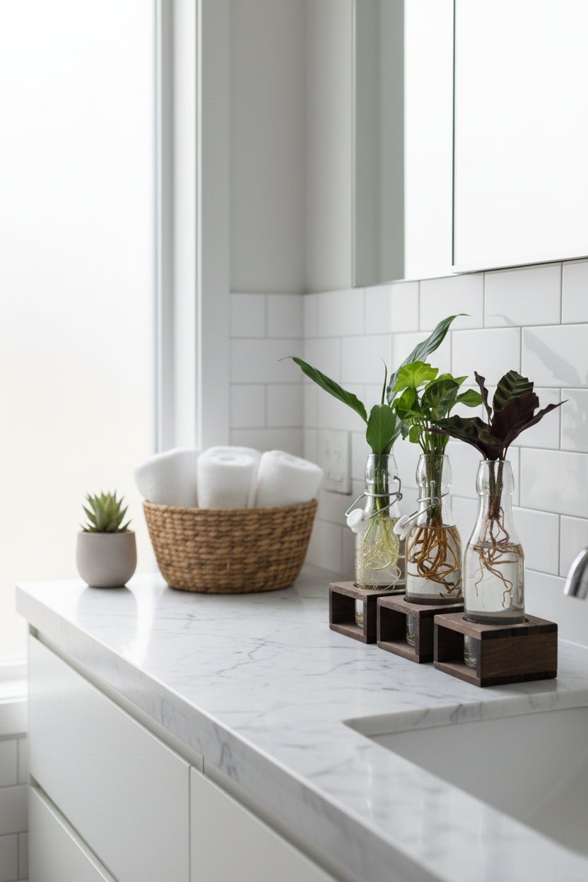 Trio de plantes hydroponiques — Bouteilles verre et socles bois - Verdeia - 2