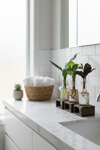 Trio de plantes hydroponiques — Bouteilles verre et socles bois - Verdeia - 2