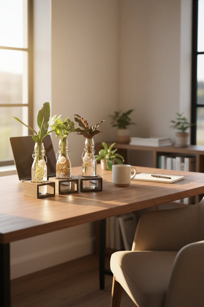 Trio de plantes hydroponiques — Bouteilles verre et socles bois - Verdeia - 3