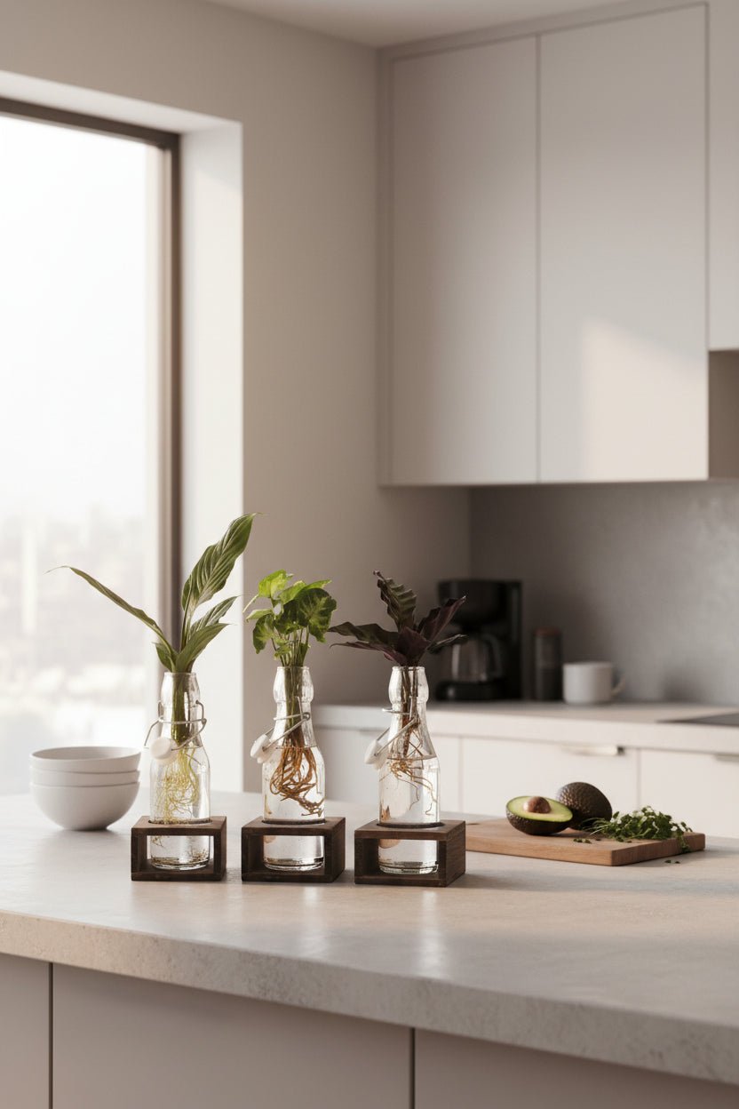 Trio de plantes hydroponiques — Bouteilles verre et socles bois - Verdeia - 4