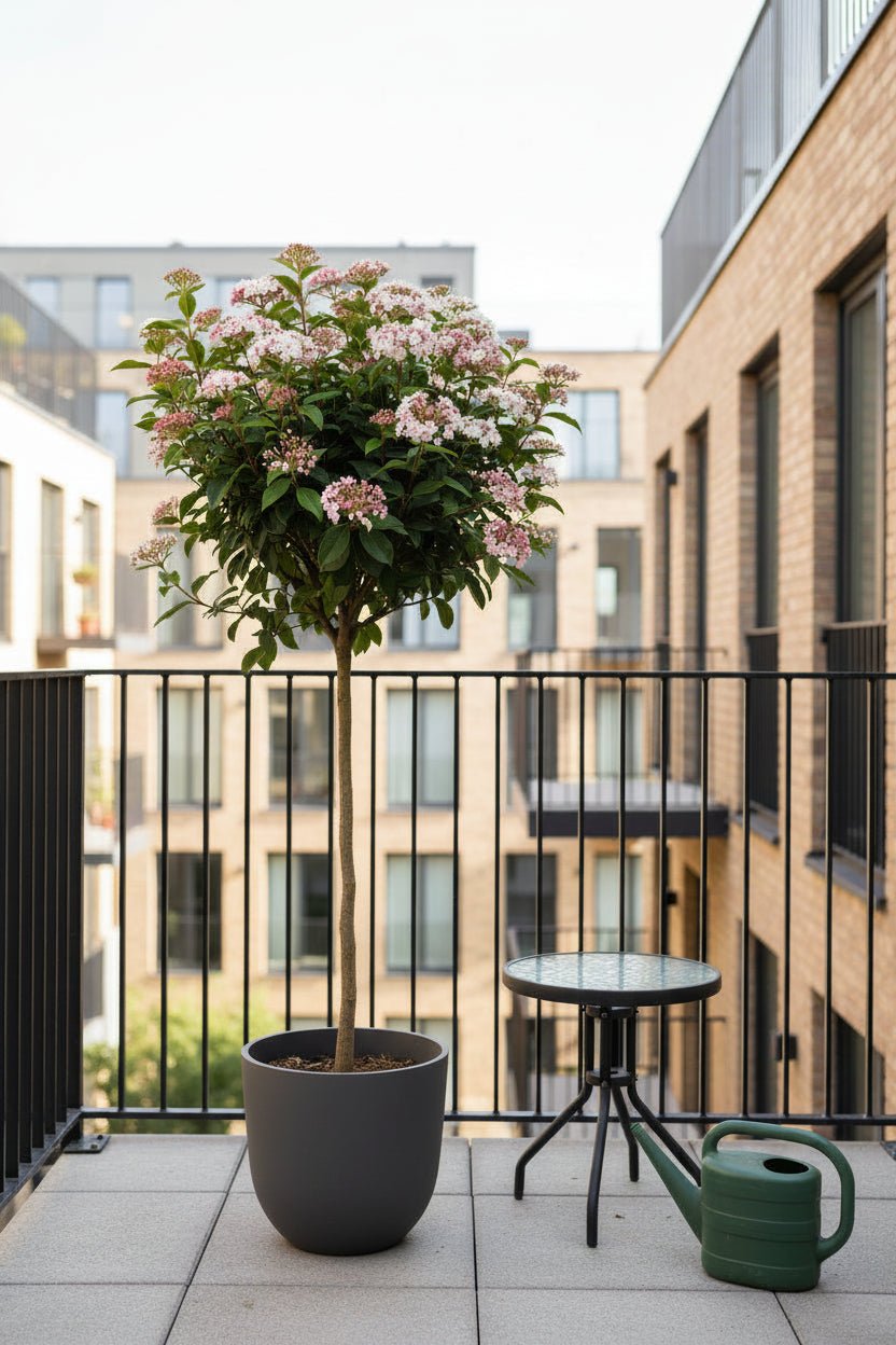 Viburnum tinus Eve Price v šedém květináči na malém balkóně
