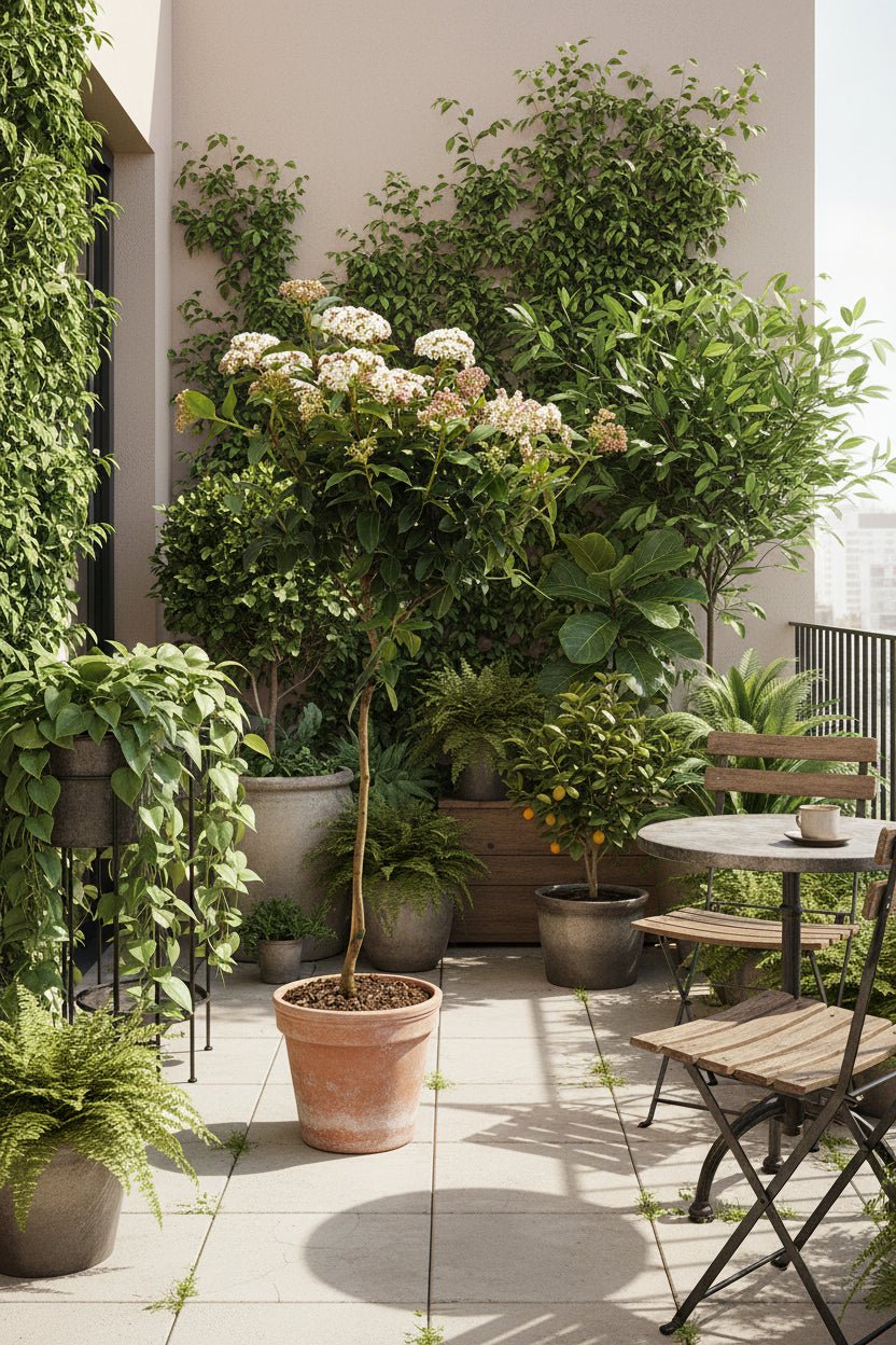 Viburnum tinus en tija instal·lat en un balcó amb moltes plantes
