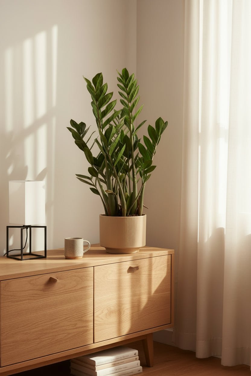 Zamioculcas zamiifolia colocado sobre un mueble de madera en una sala luminosa.